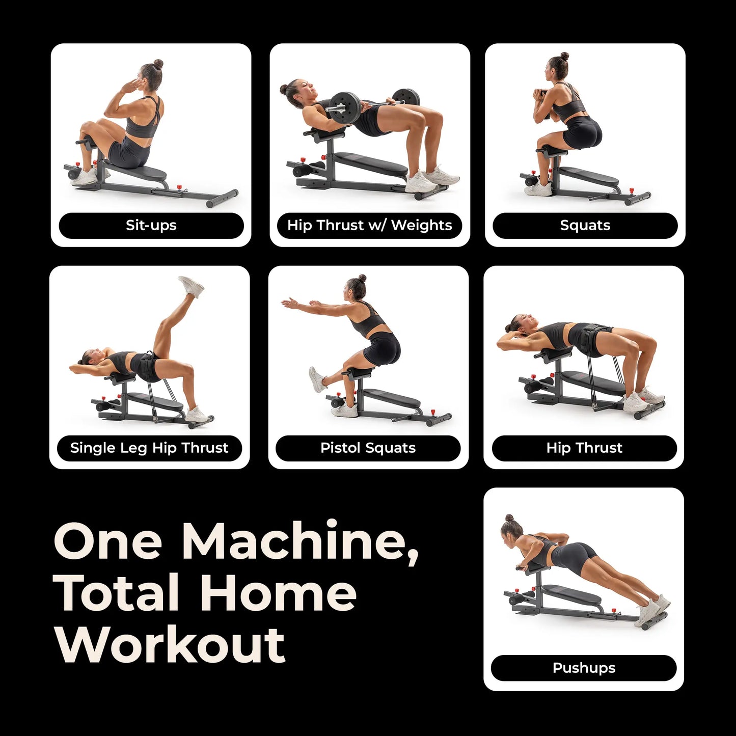 SUNNY Hip Thrust & Glute Bridge Machine Comes with 20 40 60 Lbs Resistance Bands 825 LB Capacity Adjustable Home Gym Fitness Workout Equipment Multi Function Sit up Push up Assisted Squat Exercise Machine Lower Body Core Leg Strength Trainer for Women Men