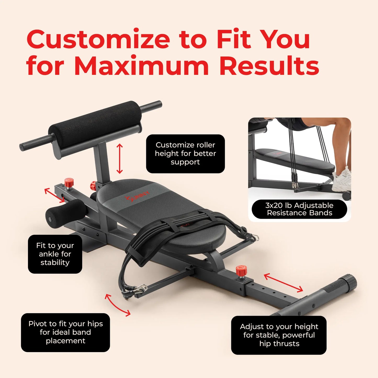 SUNNY Hip Thrust & Glute Bridge Machine Comes with 20 40 60 Lbs Resistance Bands 825 LB Capacity Adjustable Home Gym Fitness Workout Equipment Multi Function Sit up Push up Assisted Squat Exercise Machine Lower Body Core Leg Strength Trainer for Women Men