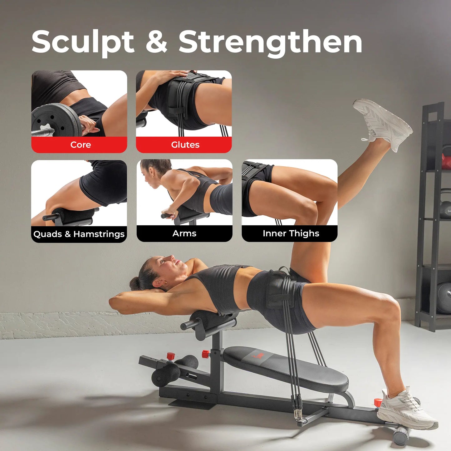 SUNNY Hip Thrust & Glute Bridge Machine Comes with 20 40 60 Lbs Resistance Bands 825 LB Capacity Adjustable Home Gym Fitness Workout Equipment Multi Function Sit up Push up Assisted Squat Exercise Machine Lower Body Core Leg Strength Trainer for Women Men