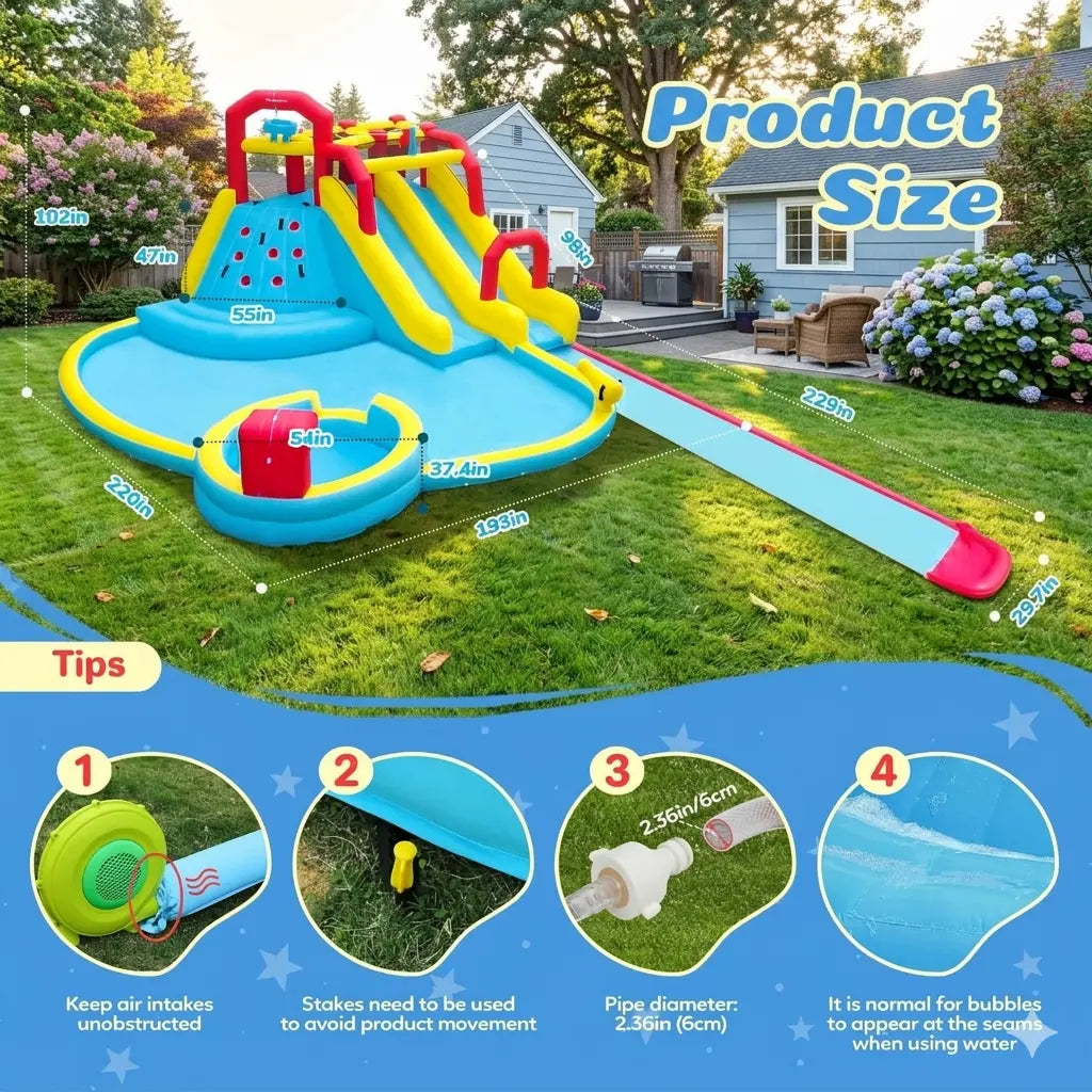 Dripex Baby Large Backyard Water Park for Kids: Inflatable Water Slide Bounce House with Blower, Slides, Climbing Walls, Water Guns, and Deep Splash Pool, Indoor and Outdoor, Summervibes, Summer Gifts