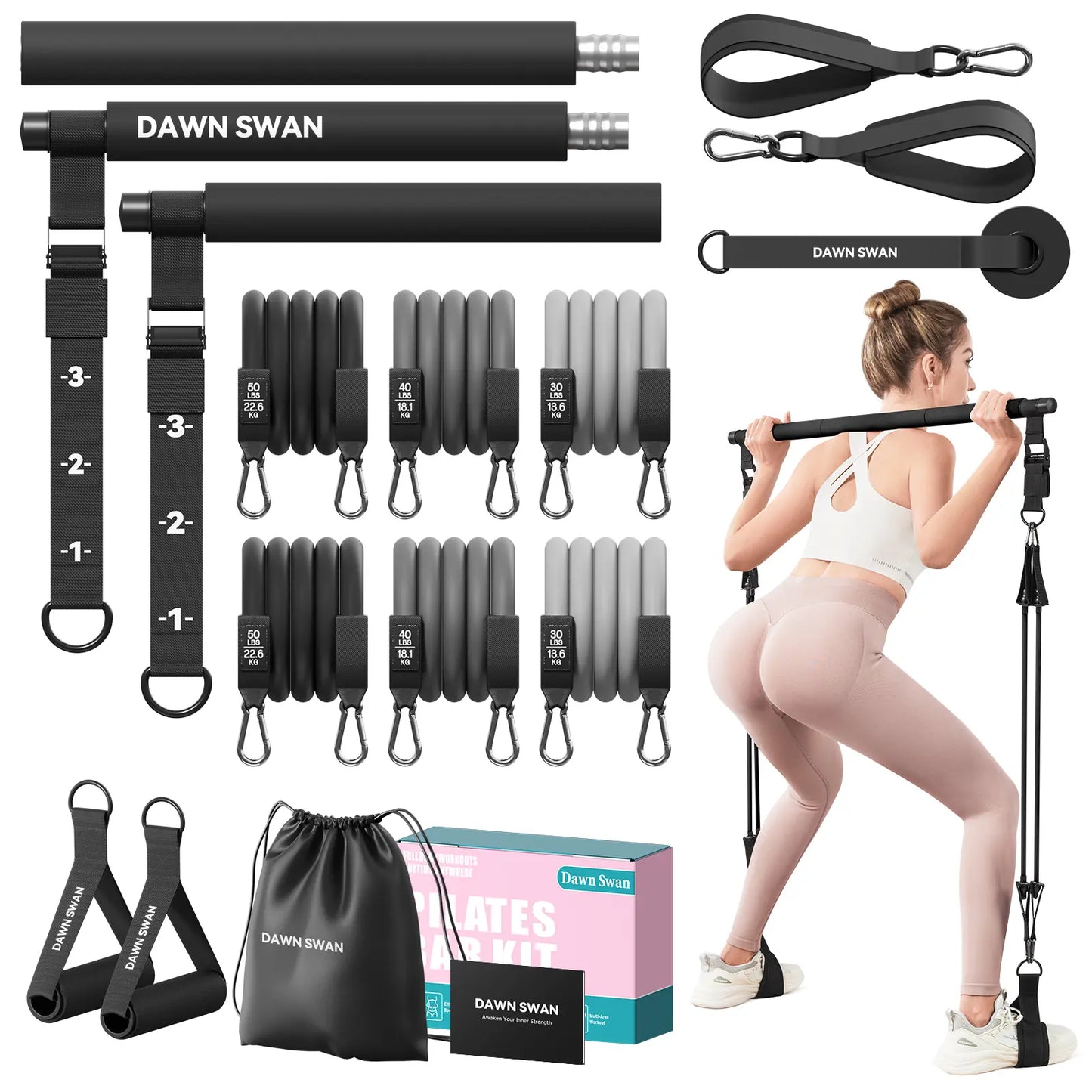 [DAWN SWAN] Pilates Bar Kit with Resistance Bands – Adjustable Home Gym Workout Equipment for Women & Men – Portable Pilates Equipment for Squats, Yoga & Full Body Toning,Summervibes