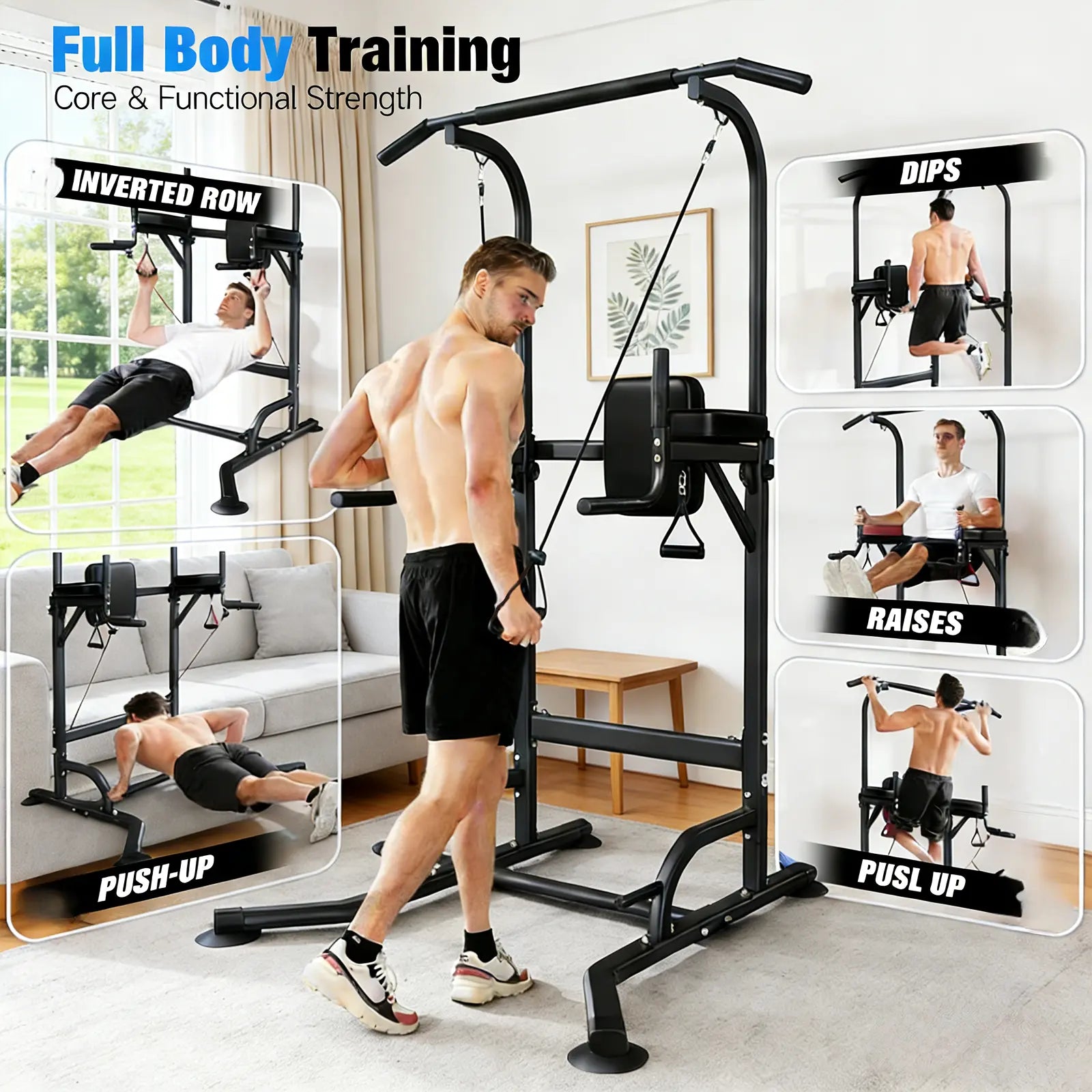 Power Tower, Pull up Bar Dip Station/Stand for Home Gym Strength Training Workout Equipment Multifunctional Fitness Workout Station,Summervibes