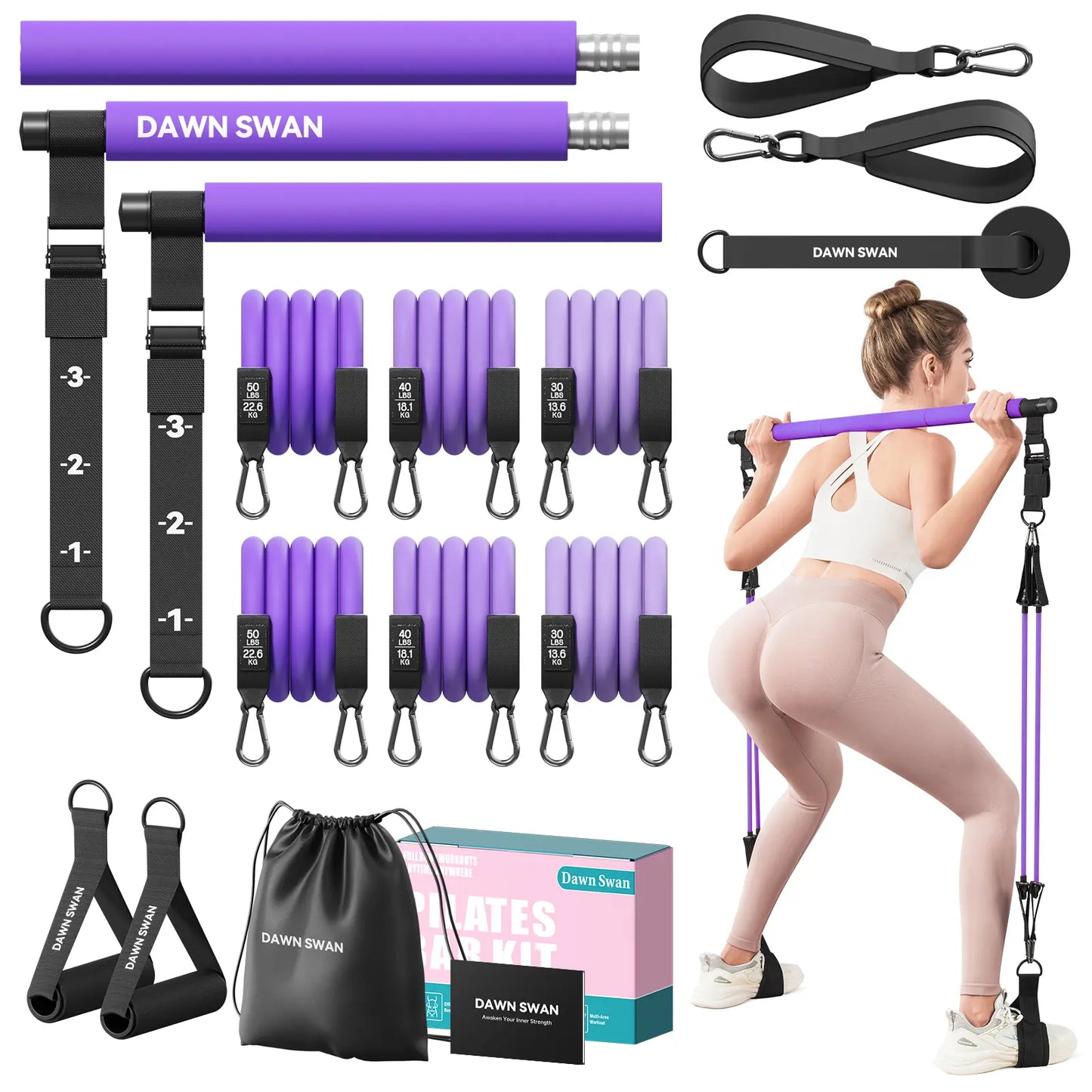 [DAWN SWAN] Pilates Bar Kit with Resistance Bands – Adjustable Home Gym Workout Equipment for Women & Men – Portable Pilates Equipment for Squats, Yoga & Full Body Toning,Summervibes