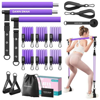 [DAWN SWAN] Pilates Bar Kit with Resistance Bands – Adjustable Home Gym Workout Equipment for Women & Men – Portable Pilates Equipment for Squats, Yoga & Full Body Toning,Summervibes