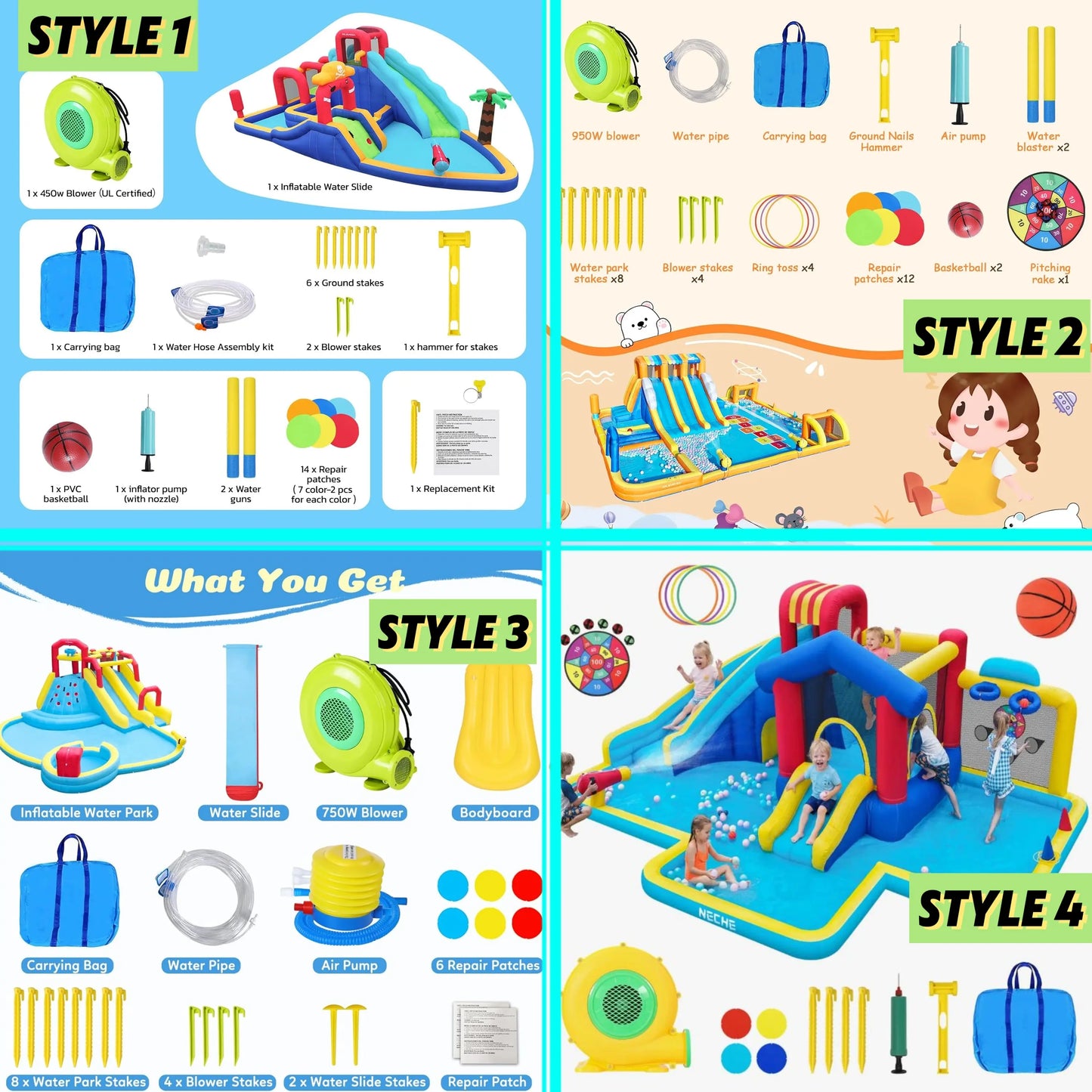Dripex Baby Large Backyard Water Park for Kids: Inflatable Water Slide Bounce House with Blower, Slides, Climbing Walls, Water Guns, and Deep Splash Pool, Indoor and Outdoor, Summervibes, Summer Gifts