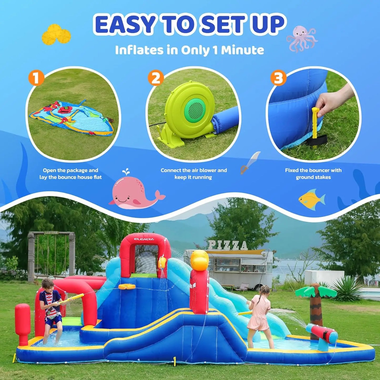Dripex Baby Large Backyard Water Park for Kids: Inflatable Water Slide Bounce House with Blower, Slides, Climbing Walls, Water Guns, and Deep Splash Pool, Indoor and Outdoor, Summervibes, Summer Gifts